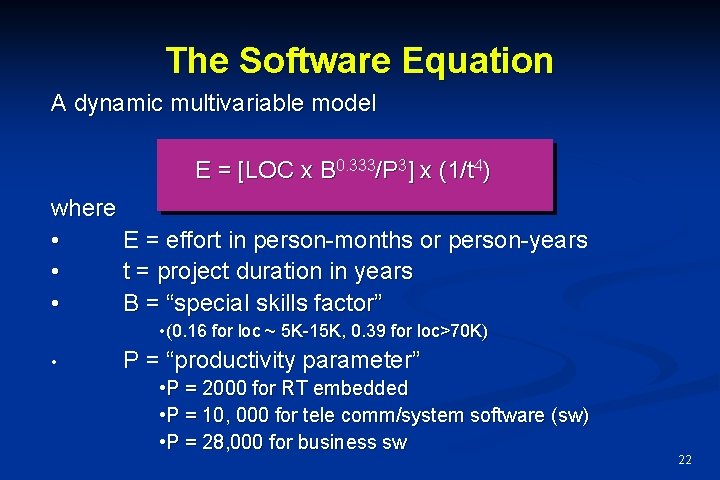 The Software Equation A dynamic multivariable model E = [LOC x B 0. 333/P