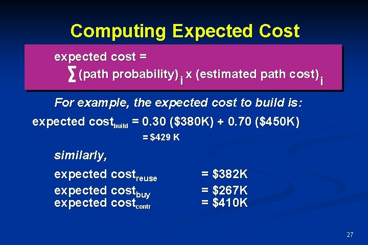 Computing Expected Cost expected cost = (path probability) x (estimated path cost) i i