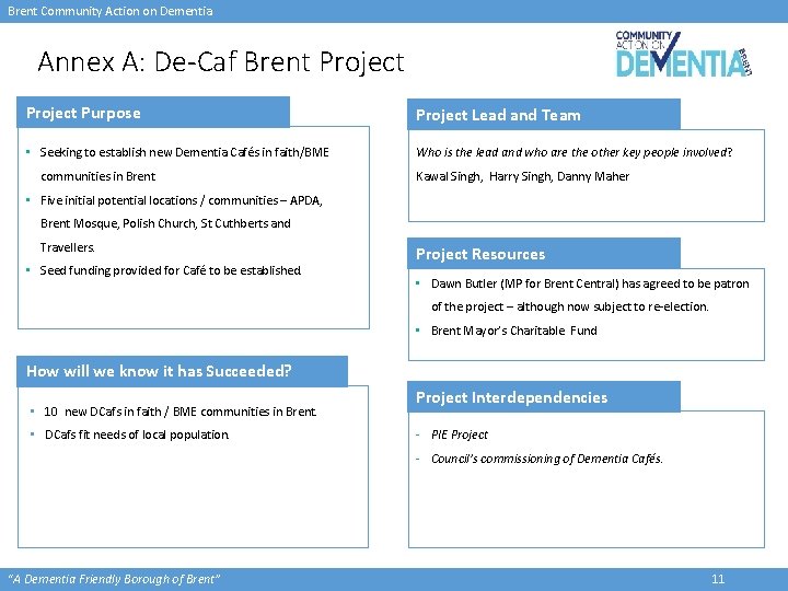 Brent Community Action on Dementia Annex A: De-Caf Brent Project Purpose Project Lead and