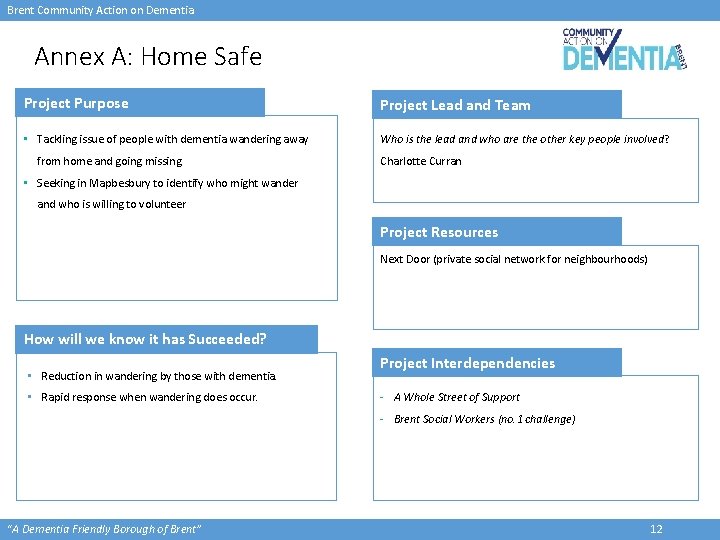 Brent Community Action on Dementia Annex A: Home Safe Project Purpose Project Lead and