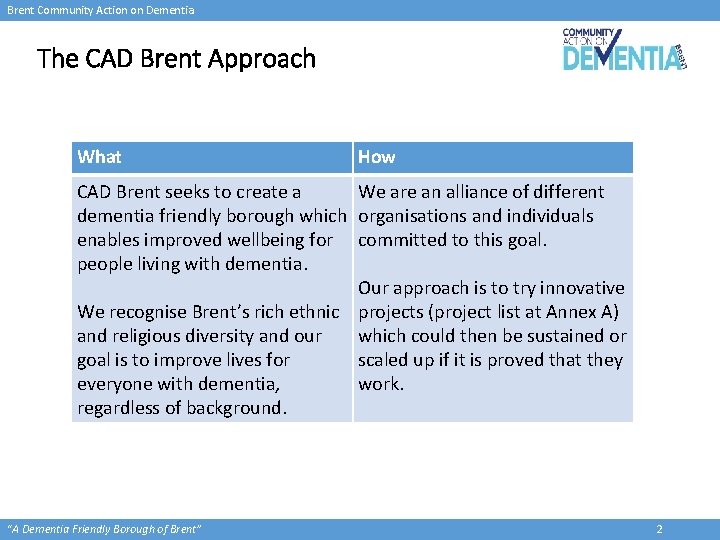 Brent Community Action on Dementia The CAD Brent Approach What How CAD Brent seeks