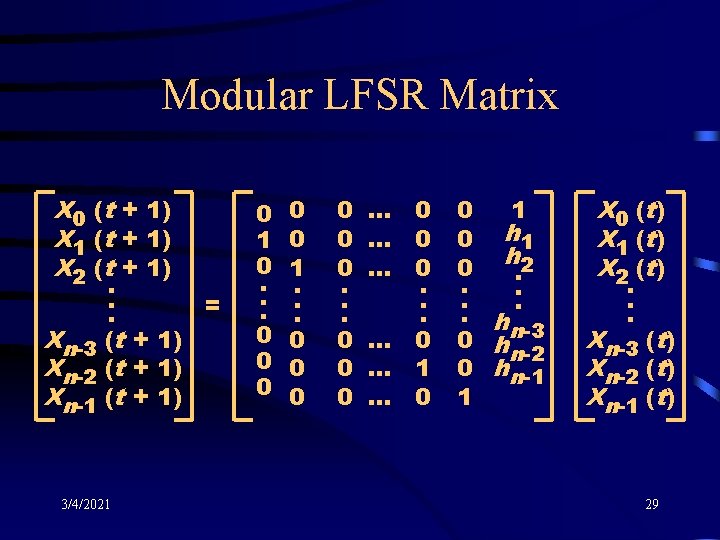 Modular LFSR Matrix X 0 (t + 1) X 1 (t + 1) X