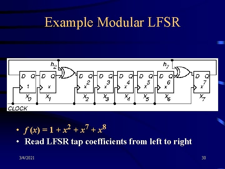 Example Modular LFSR • f (x) = 1 + x 2 + x 7