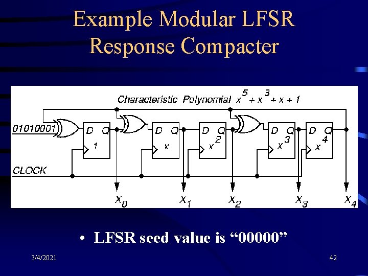 Example Modular LFSR Response Compacter • LFSR seed value is “ 00000” 3/4/2021 42