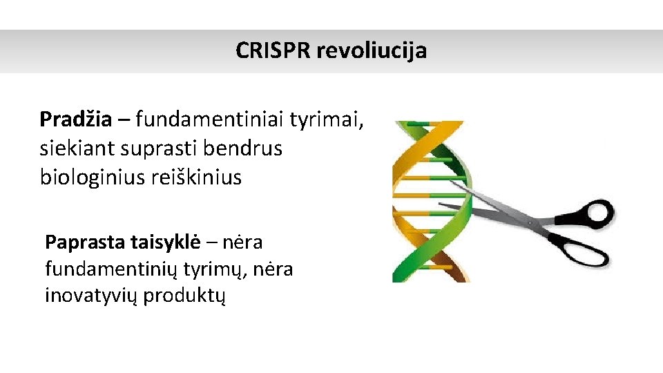 CRISPR revoliucija Pradžia – fundamentiniai tyrimai, siekiant suprasti bendrus biologinius reiškinius Paprasta taisyklė –