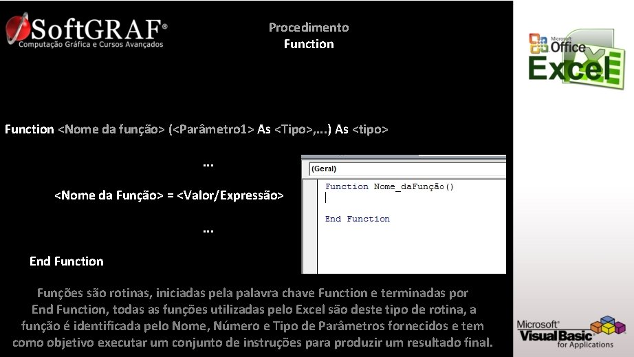 Procedimento Function <Nome da função> (<Parâmetro 1> As <Tipo>, . . . ) As