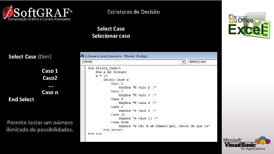 Estruturas de Decisão Select Case Selecionar caso Select Case (Dim) End Select Caso 1