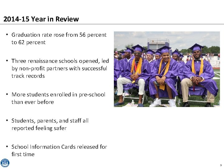 2014 -15 Year in Review • Graduation rate rose from 56 percent to 62