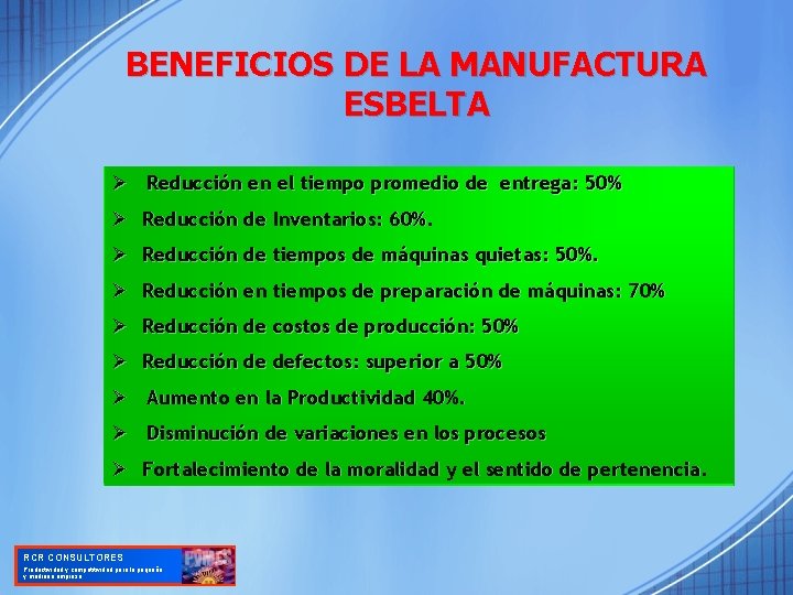 BENEFICIOS DE LA MANUFACTURA ESBELTA Ø Reducción en el tiempo promedio de entrega: 50%