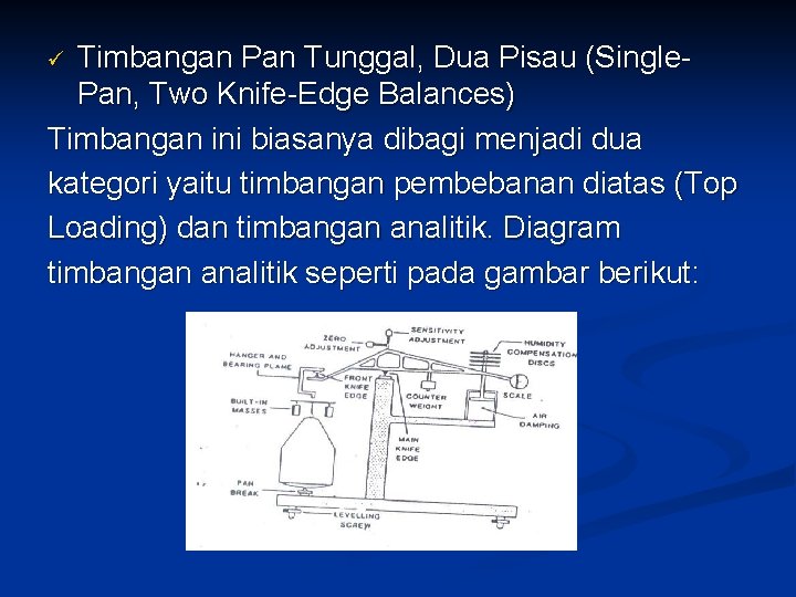 Timbangan Pan Tunggal, Dua Pisau (Single. Pan, Two Knife-Edge Balances) Timbangan ini biasanya dibagi