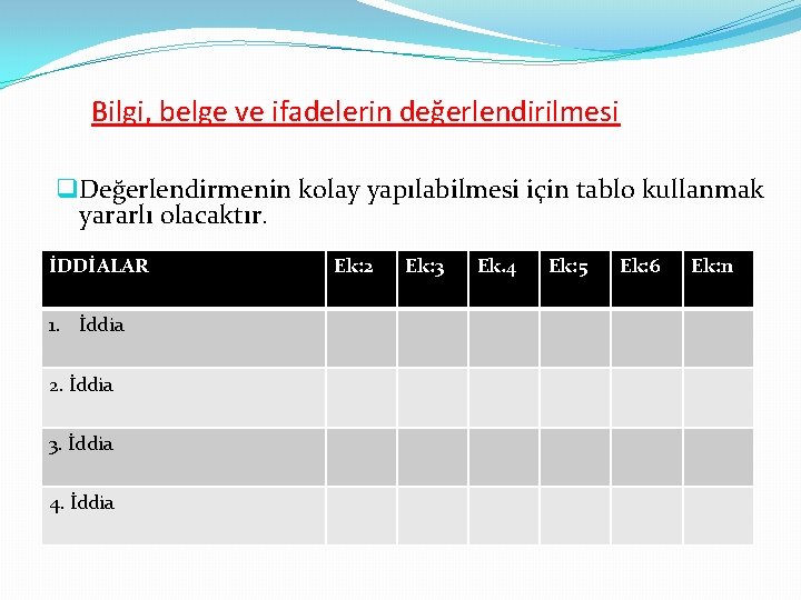 Bilgi, belge ve ifadelerin değerlendirilmesi q Değerlendirmenin kolay yapılabilmesi için tablo kullanmak yararlı olacaktır.