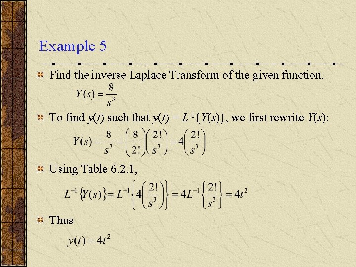 Example 5 Find the inverse Laplace Transform of the given function. To find y(t)