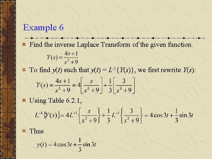 Example 6 Find the inverse Laplace Transform of the given function. To find y(t)