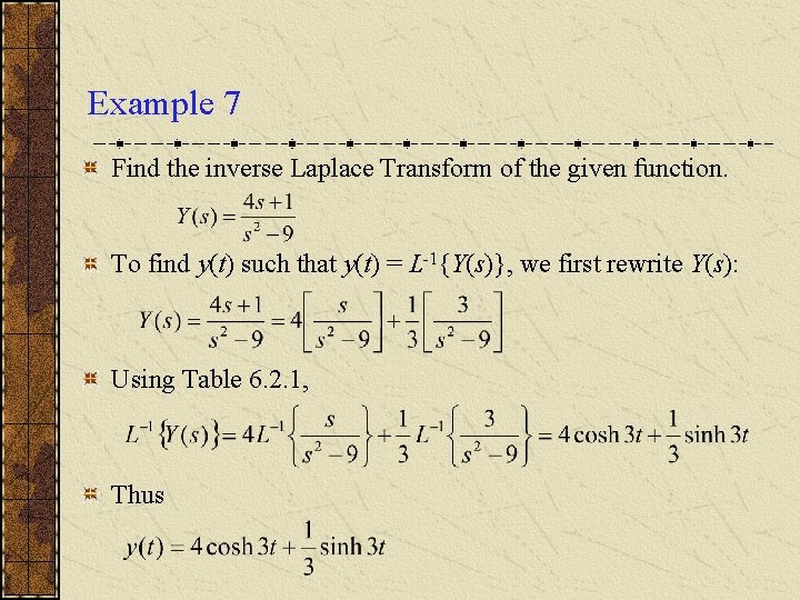 Example 7 Find the inverse Laplace Transform of the given function. To find y(t)