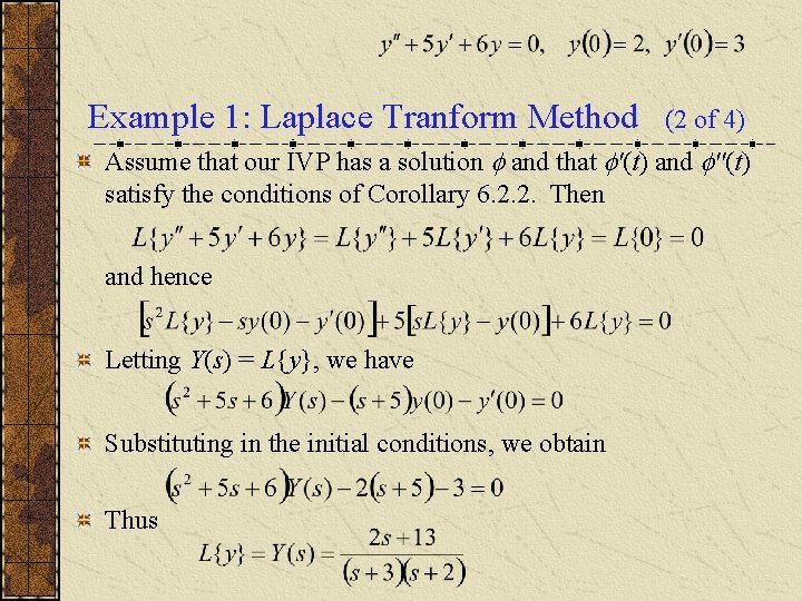 Example 1: Laplace Tranform Method (2 of 4) Assume that our IVP has a
