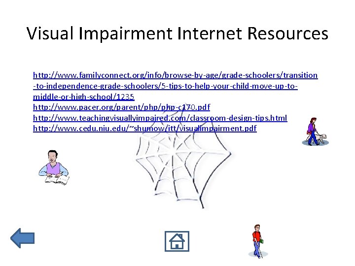 Visual Impairment Internet Resources http: //www. familyconnect. org/info/browse-by-age/grade-schoolers/transition -to-independence-grade-schoolers/5 -tips-to-help-your-child-move-up-tomiddle-or-high-school/1235 http: //www. pacer. org/parent/php-c