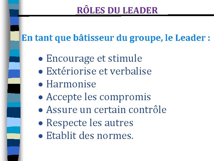 RÔLES DU LEADER En tant que bâtisseur du groupe, le Leader : Encourage et