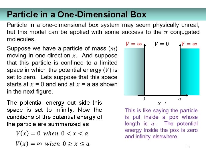 Particle in a One-Dimensional Box The potential energy out side this space is set