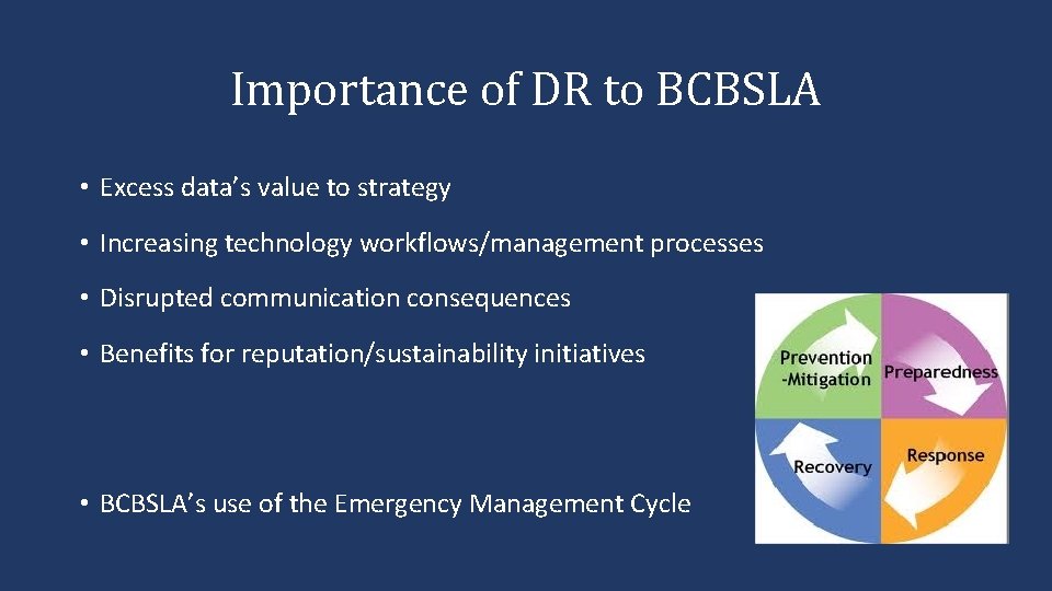 Importance of DR to BCBSLA • Excess data’s value to strategy • Increasing technology