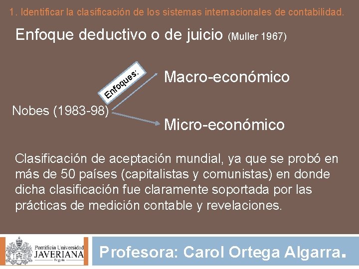 1. Identificar la clasificación de los sistemas internacionales de contabilidad. Enfoque deductivo o de