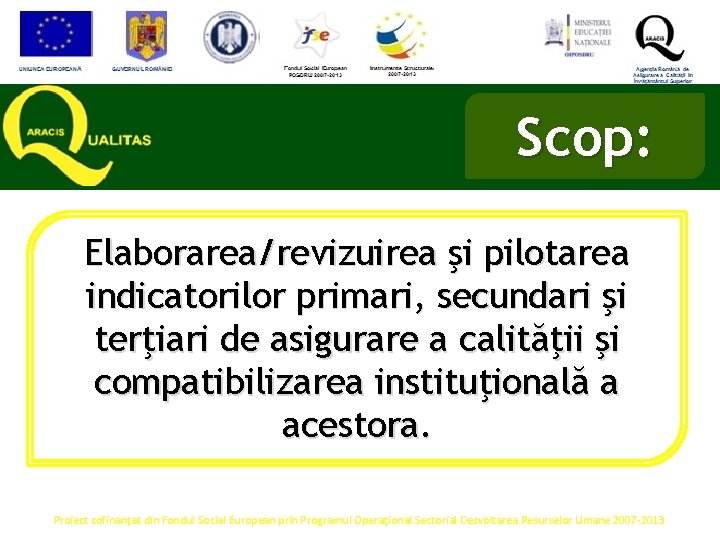 Scop: Elaborarea/revizuirea şi pilotarea indicatorilor primari, secundari şi terţiari de asigurare a calităţii şi