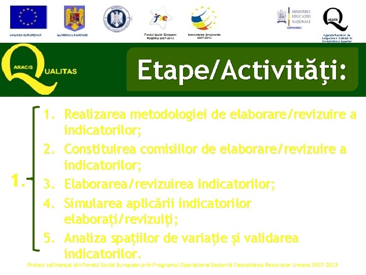 Etape/Activităţi: 1. Realizarea metodologiei de elaborare/revizuire a indicatorilor; 2. Constituirea comisiilor de elaborare/revizuire a