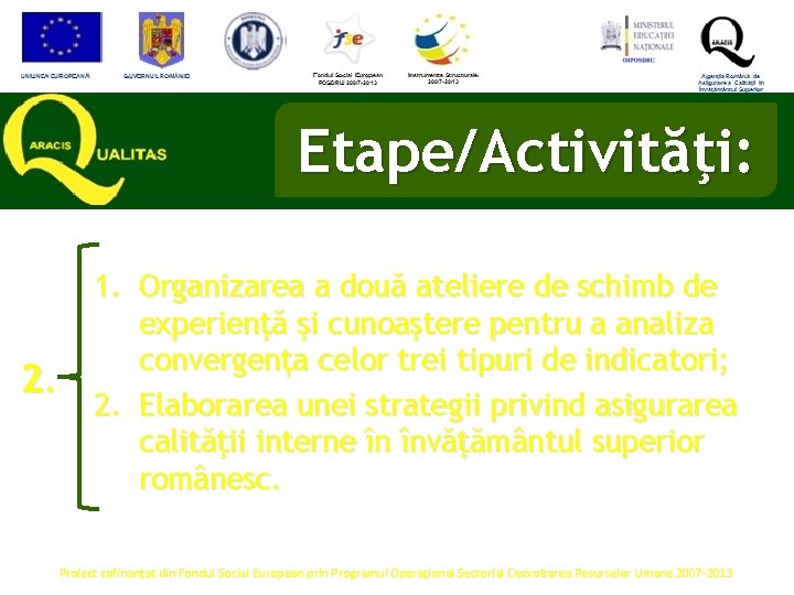 Etape/Activităţi: 2. 1. Organizarea a două ateliere de schimb de experienţă şi cunoaştere pentru
