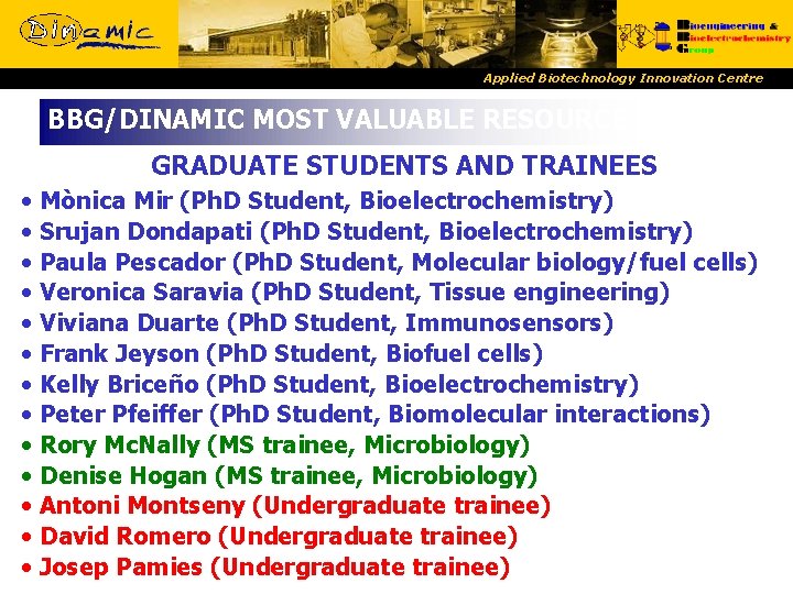 Applied Biotechnology Innovation Centre BBG/DINAMIC MOST VALUABLE RESOURCE GRADUATE STUDENTS AND TRAINEES • Mònica