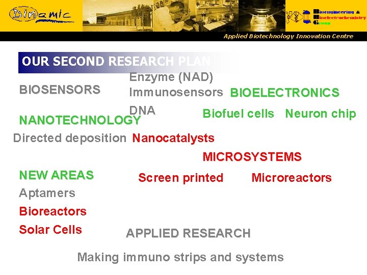 Applied Biotechnology Innovation Centre OUR SECOND RESEARCH PLAN Enzyme (NAD) BIOSENSORS Immunosensors BIOELECTRONICS DNA