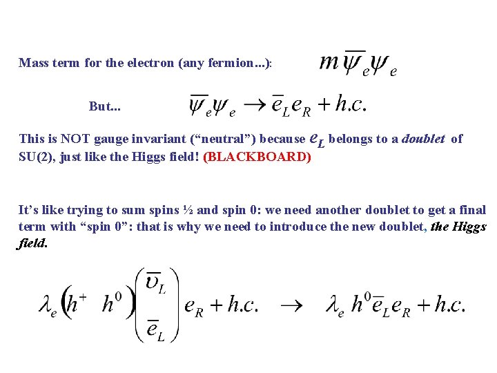 Mass term for the electron (any fermion. . . ): But. . . This