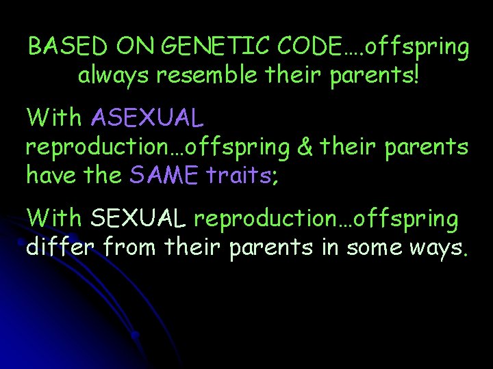 BASED ON GENETIC CODE…. offspring always resemble their parents! With ASEXUAL reproduction…offspring & their