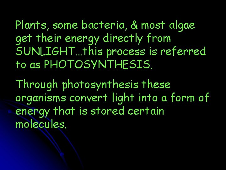 Plants, some bacteria, & most algae get their energy directly from SUNLIGHT…this process is