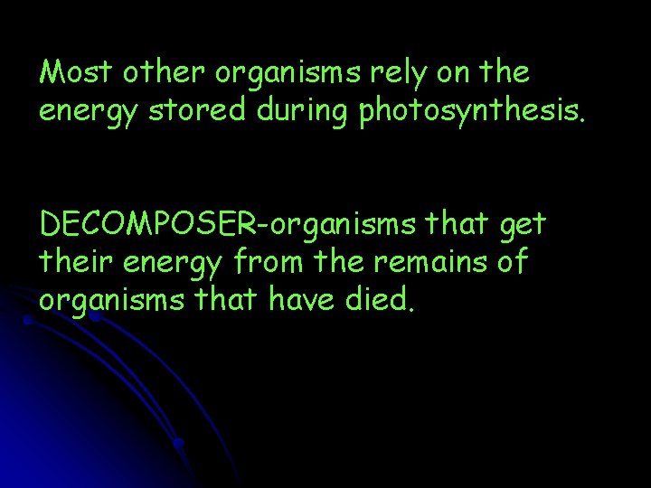 Most other organisms rely on the energy stored during photosynthesis. DECOMPOSER-organisms that get their