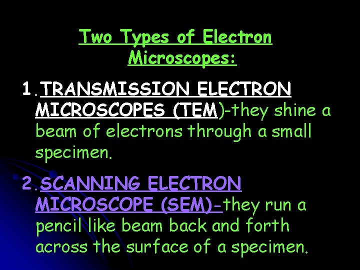 Two Types of Electron Microscopes: 1. TRANSMISSION ELECTRON MICROSCOPES (TEM)-they shine a beam of