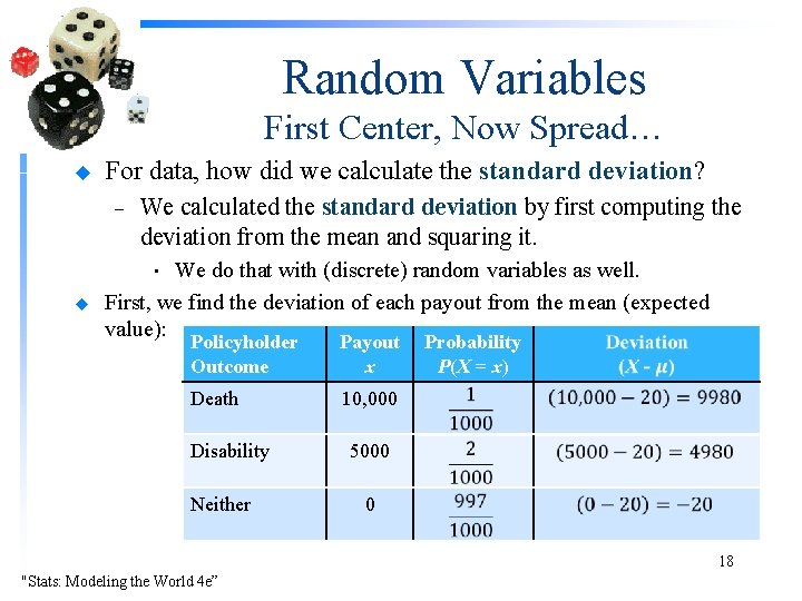 Random Variables First Center, Now Spread… u For data, how did we calculate the