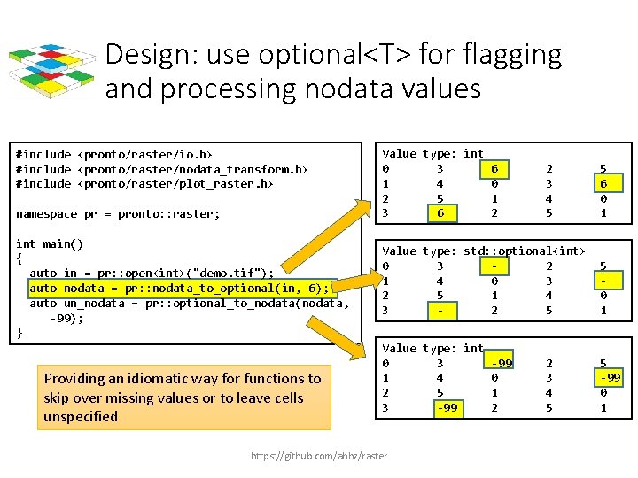 Design: use optional<T> for flagging and processing nodata values #include <pronto/raster/io. h> #include <pronto/raster/nodata_transform.