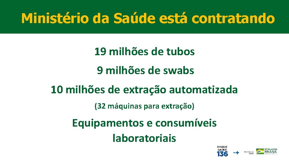 Ministério da INSUMOS Saúde está contratando 19 milhões de tubos 9 milhões de swabs