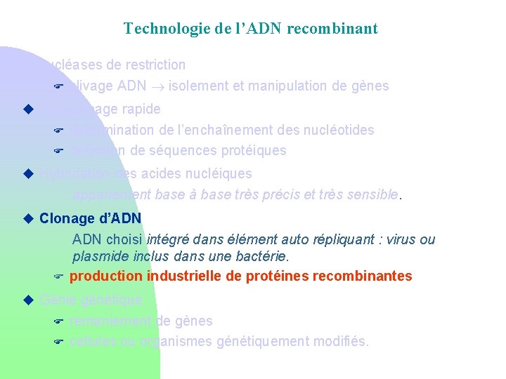 Technologie de l’ADN recombinant Nucléases de restriction F clivage ADN isolement et manipulation de