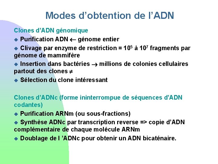 Modes d’obtention de l’ADN Clones d’ADN génomique u Purification ADN génome entier u Clivage