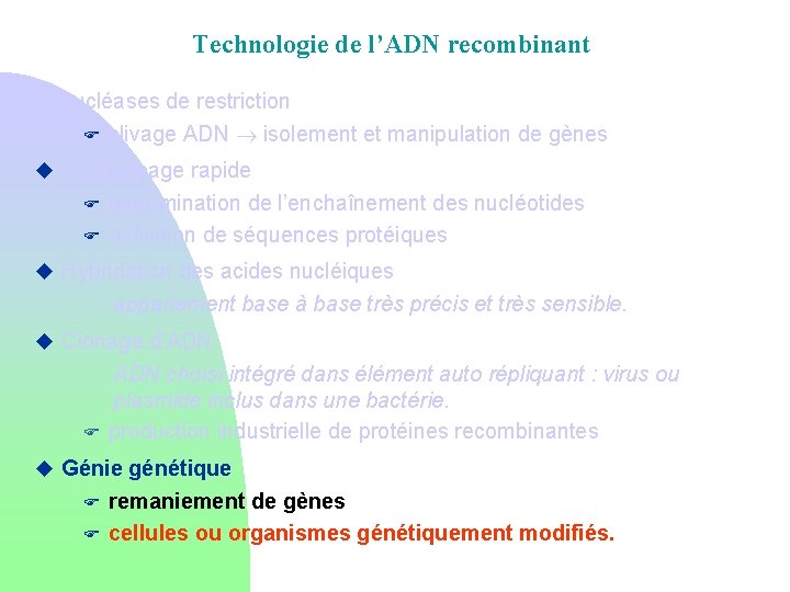 Technologie de l’ADN recombinant Nucléases de restriction F clivage ADN isolement et manipulation de