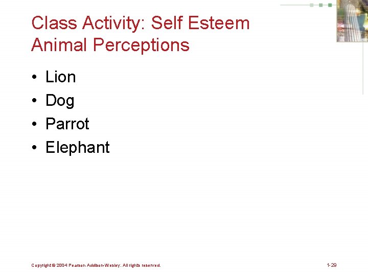 Class Activity: Self Esteem Animal Perceptions • • Lion Dog Parrot Elephant Copyright ©