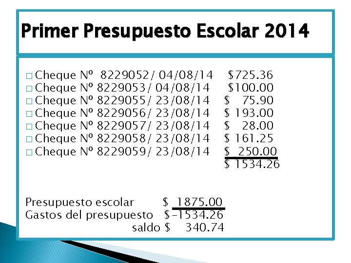 Primer Presupuesto Escolar 2014 � Cheque � Cheque Nº Nº 8229052/ 04/08/14 8229053/ 04/08/14