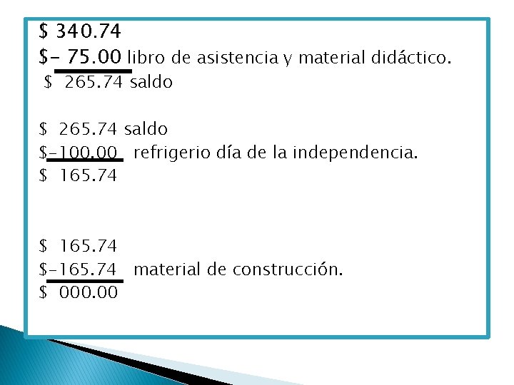 $ 340. 74 $- 75. 00 libro de asistencia y material didáctico. $ 265.