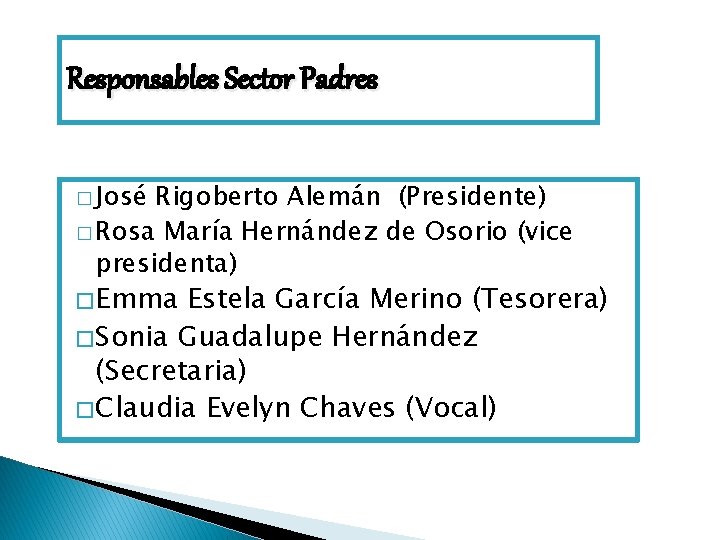 Responsables Sector Padres � José Rigoberto Alemán (Presidente) � Rosa María Hernández de Osorio