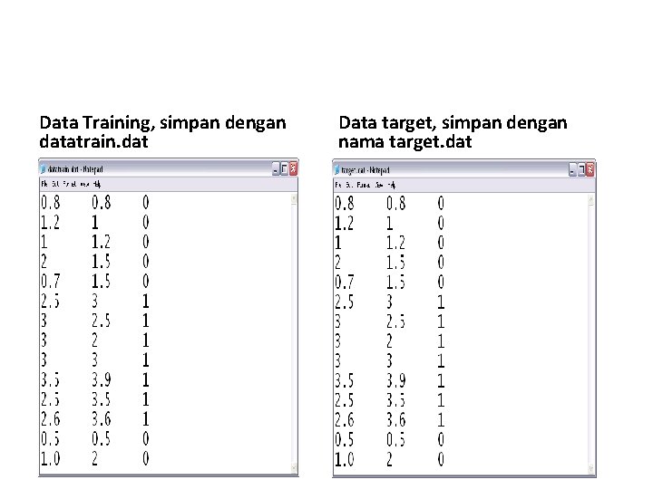 Data Training, simpan dengan datatrain. dat Data target, simpan dengan nama target. dat 