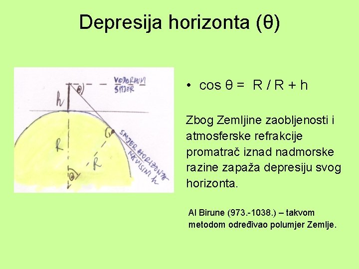Depresija horizonta (θ) • cos θ = R / R + h Zbog Zemljine