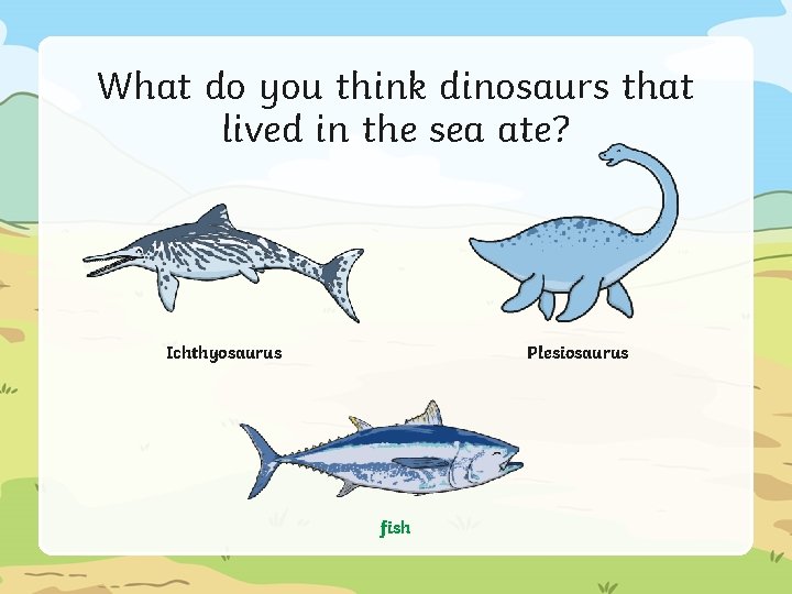 What do you think dinosaurs that lived in the sea ate? Ichthyosaurus Plesiosaurus fish