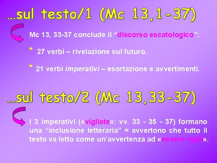 Mc 13, 33 -37 conclude il “discorso escatologico”: * 27 verbi – rivelazione sul