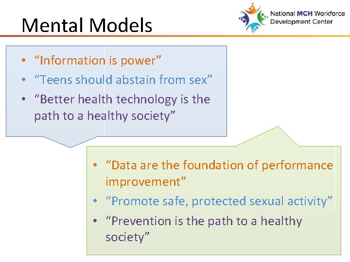 Mental Models • “Information is power” • “Teens should abstain from sex” • “Better