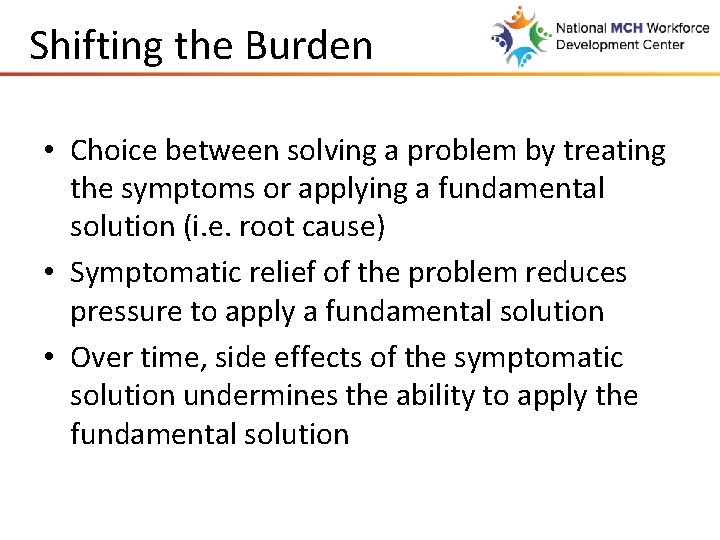 Shifting the Burden • Choice between solving a problem by treating the symptoms or